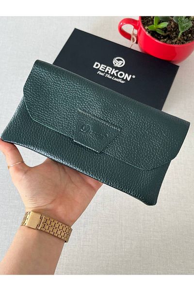 DERKON Green Genuine Leather - Natural Model Wallet with Phone Compartment