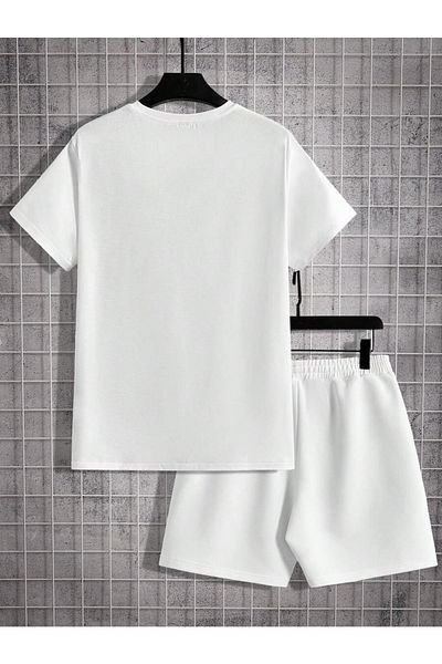 Hunors Sportswear & Company White Oversize Green Los Angeles Printed Men's T-shirt and Shorts Set - Crew Neck