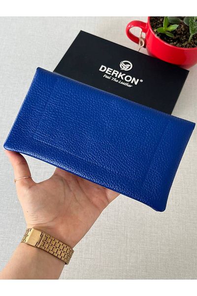 DERKON Saks Blue Genuine Leather Wallet - Natural Model with Phone Compartment