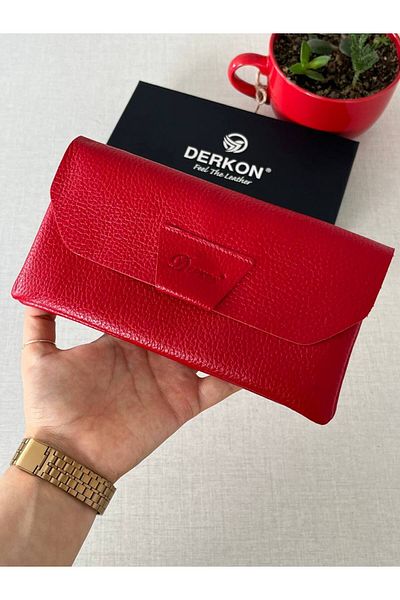 DERKON Red Genuine Leather Wallet - Natural Model with Phone Compartment