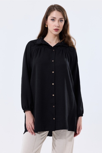 MD trend Oversize λινό τουνίκ - Γυναικείο πουκάμισο με λεπτομέρεια από δαντέλα