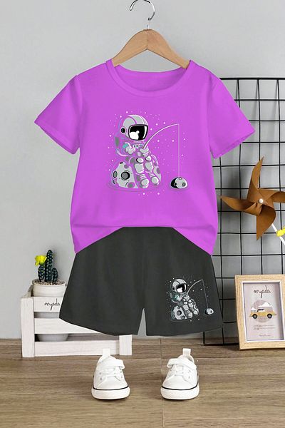 MYADA Astronaut Printed 2-Piece Kids Set - Crew Neck and Elastic Shorts 12344