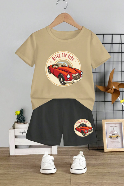 MYADA Set pentru copii cu model retro Car Club, cu gâtul turn și pantaloni scurți elastici - Set de 2 12566