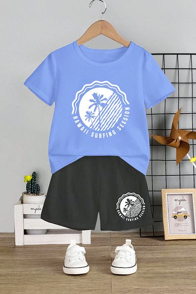MYADA Set 2 piese pentru copii cu imprimeu Hawaii Surfing - Gât crew și pantaloni scurți elastici 11295