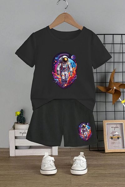 MYADA Set pentru copii cu imprimeu astronaut cu pantaloni scurți lungi - Gât crew, elastic, set de 2 12356