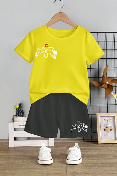 MYADA Crew Neck Printed Children's Set - Elastic Shorts, Dog and Kitten 12417