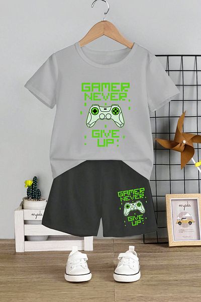 MYADA Gamer Never Give Up Printed 2-Piece Kids Set - Crew Neck 20013