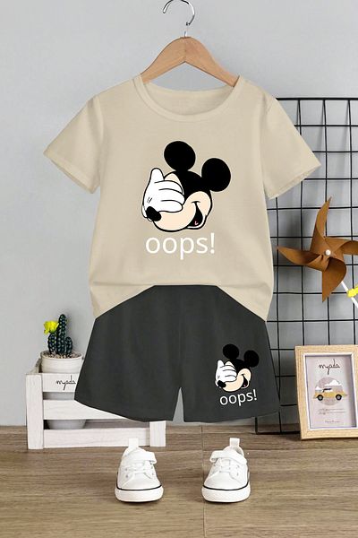 MYADA Oops! Set pentru copii cu imprimeu Miki - Gâtul turn, pantaloni scurți elastici, set text de 2 12449