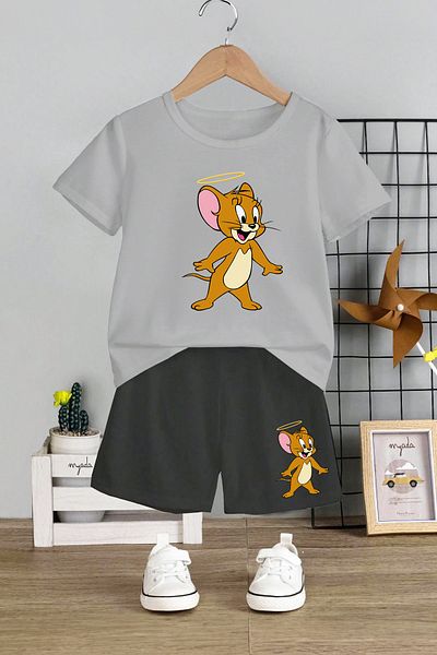 MYADA Jerry Cartoon Printed 2-Piece Kids Set - Crew Neck, Elastic Shorts, 12439