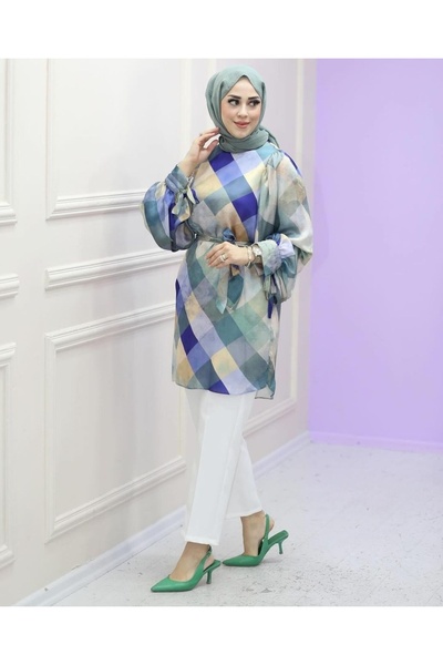 Levidor Desenli Balon Kol Kuşaklı Tunik