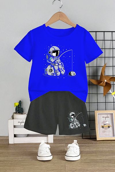 MYADA Astronaut Printed 2-Piece Kids Set - Crew Neck and Elastic Shorts 12344