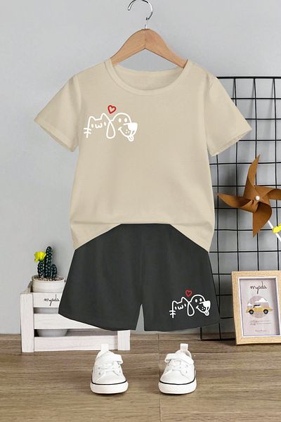 MYADA Set pentru copii cu gât cu imprimeu - pantaloni scurți elastici, câine și pisoi 12417