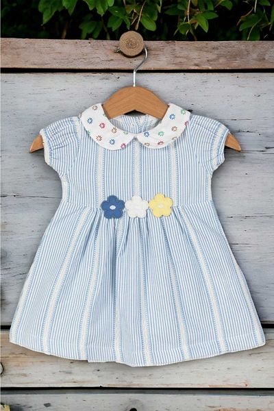dinamik çocuk 100% Cotton Baby Collar Floral Dress for Baby Girl/Child - Organic Gathered Sleeve