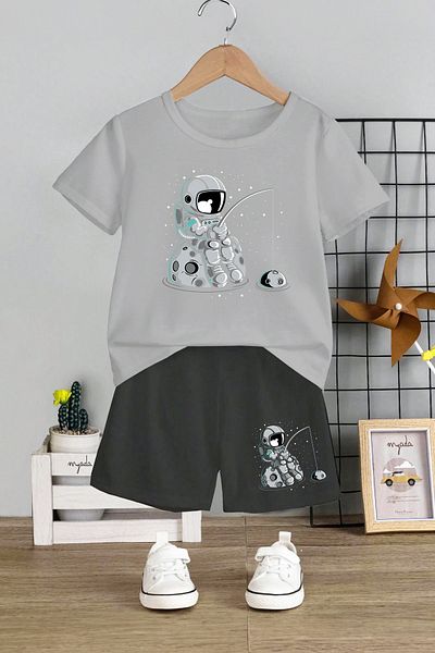 MYADA Astronaut Printed 2-Piece Kids Set - Crew Neck and Elastic Shorts 12344