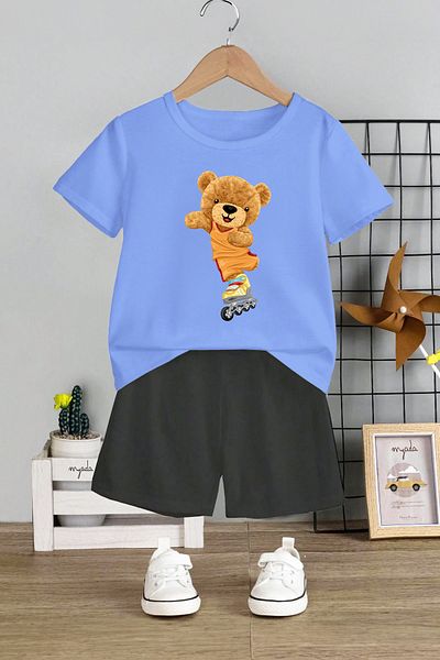 MYADA Set pentru copii cu imprimeu urs - decolteu, pantaloni scurți elastici, set 2 piese skate 11017