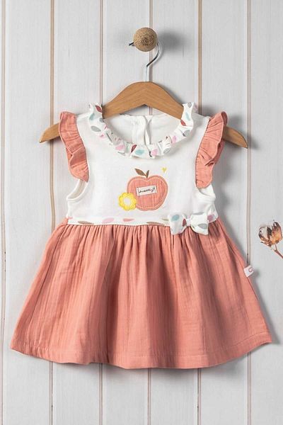 dinamik çocuk Apple Embroidered Baby Collar Baby Girl Dress - 100% Cotton, Muslin Bottom, 3-24 Months