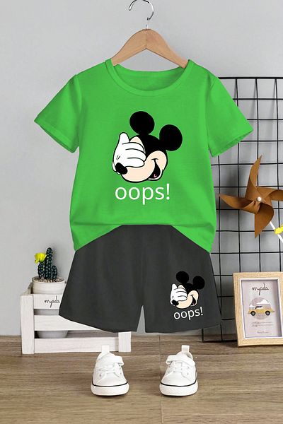 MYADA Oops! Set pentru copii cu imprimeu Miki - Gâtul turn, pantaloni scurți elastici, set text de 2 12449