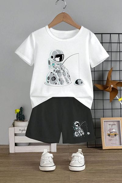 MYADA Set pentru copii cu imprimeu astronaut din 2 piese - Gât crew și pantaloni scurți elastici 12344