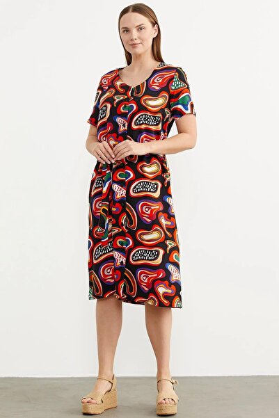 Sementa 77465 Önden Düğmeli V Yaka Bağlamalı Viskon Elbise