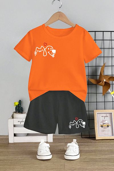 MYADA Crew Neck Printed Children's Set - Elastic Shorts, Dog and Kitten 12417