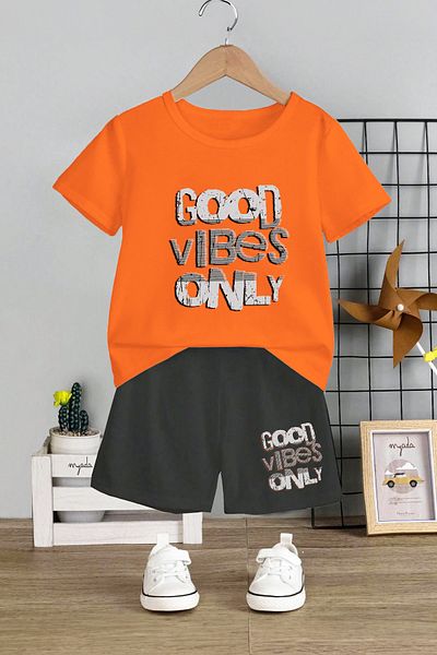 MYADA Good Vibes Only Printed Kids Set - Crew Neck, Elastic Shorts, Set of 2 12293