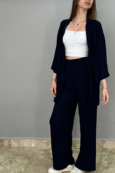 Tam Moda Navy Blue Kimono and Palazzo Trousers Women's Set