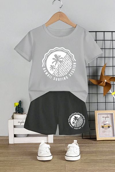 MYADA Hawaii Surfing Printed 2-Piece Kids Set - Crew Neck and Elastic Shorts 11295