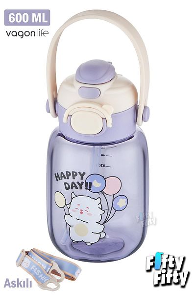 Vagonlife 600 ML Single Lid Water Bottle with Strap and Carrying Handle - with/without Straw FFVGN2028