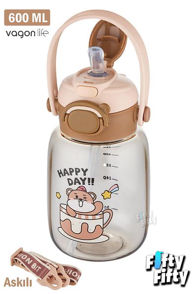 Vagonlife 600 ML Single Lid Water Bottle with Strap and Carrying Handle - with/without Straw FFVGN2028