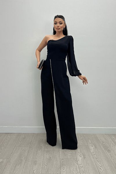 giyimmasalı Black Chiffon Sleeve Jumpsuit - Crepe Fabric, Sequin Detail