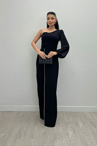 giyimmasalı Black Chiffon Sleeve Jumpsuit - Crepe Fabric, Sequin Detail