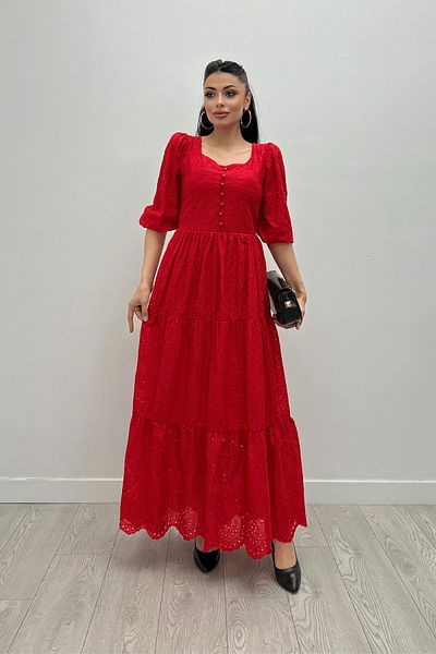 giyimmasalı Rochie roșie cu guler pătrat și cu nasturi