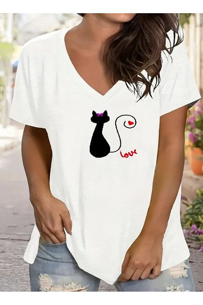 mercoledi Tricou alb cu decolteu în V imprimat casual oversize damă