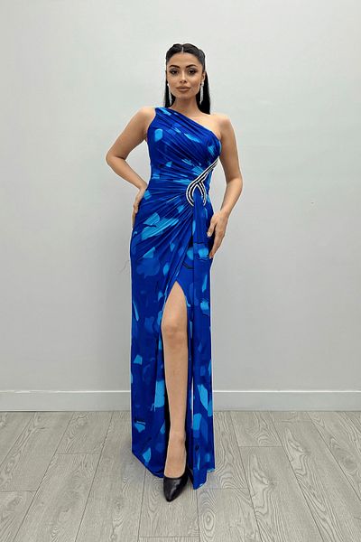 giyimmasalı Saks Blue Draped and Stone Detailed Jersey Fish Dress