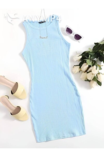 ÖZ PAMUK Kadın Bisiklet Yaka Kolsuz Yazlık Fitilli Likralı Basıc Elbise