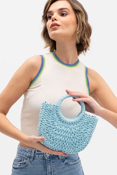 FASHION COCKTAIL Geantă boemă din paie - țesătură tare, mâner cu jumătate de lună, dimensiune mini cu curea și șnur de căptușeală