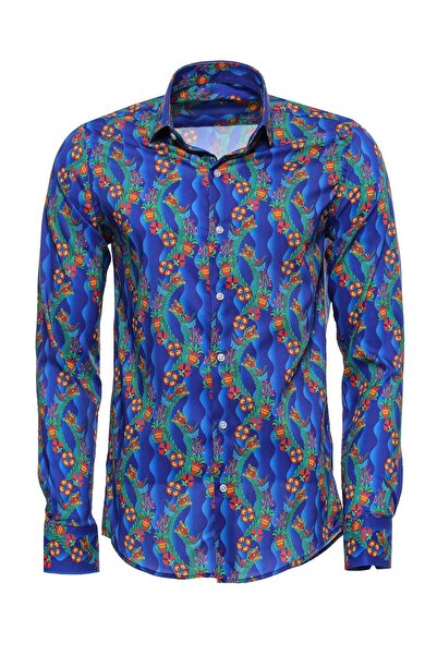 Wessi Çiçek Desenli Uzun Kollu Slim Fit İndigo Erkek Gömlek - Wessi