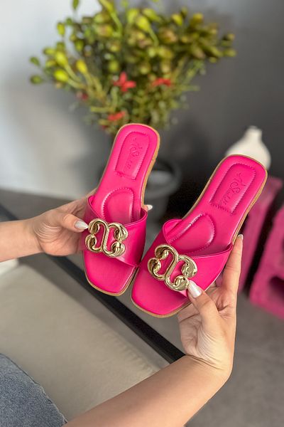 SHOEBELLAS Fuchsia Gold Buckle Detailed Rosi Women's Slippers