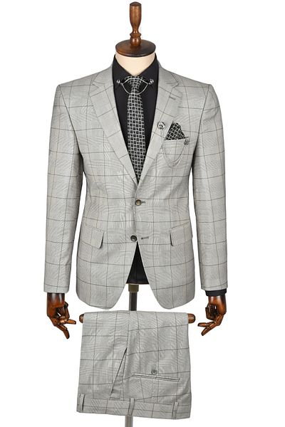 DeepSEA Beige Men's Suit - Double Button, Plaid Pattern, Slit2300370