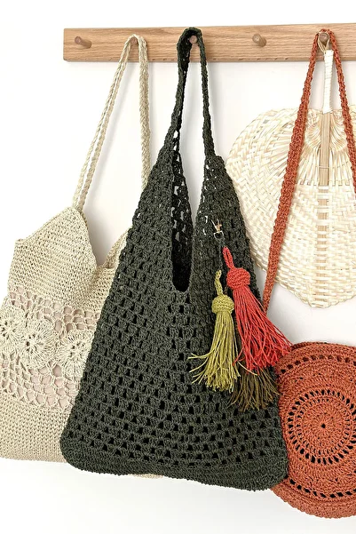 BECCASTYLE Colorful Tasseled Straw Bag - Large Mesh, Beach and Summer Raffia Bag, Shoulder Bag KHAKI