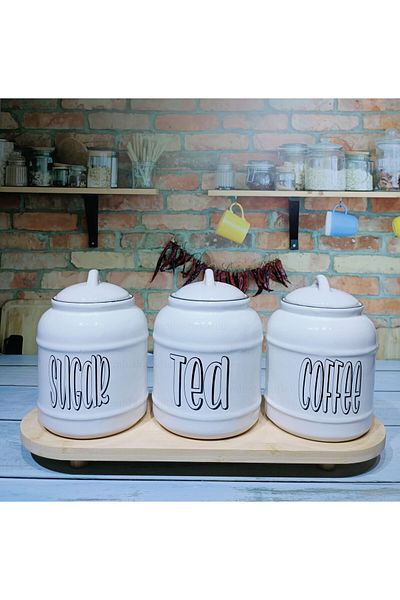 Pembishayatlar Large Size 3-Piece Bamboo Base Set - Tea, Sugar and Coffee Jar