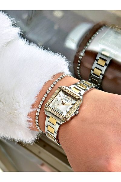 Ferrucci Silver Gold Square Model Women's Wristwatch with Stone DeTail - Bracelet Gift