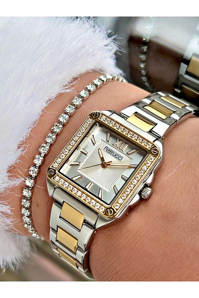 Ferrucci Silver Gold Square Model Women's Wristwatch with Stone DeTail - Bracelet Gift