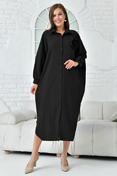 QLAY Women's Black Bat Oversize Woven Rose Detailed Tunic Shirt Dress