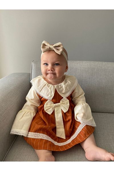 Minizade Baby Girl/Child Dress - Striped, Bow and Ribbon, Baby Collar