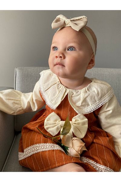 Minizade Baby Girl/Child Dress - Striped, Bow and Ribbon, Baby Collar