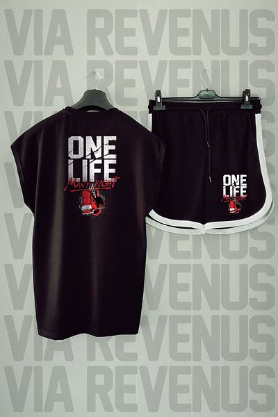 Vordevia One Life Many Fight - Oversize Black Sports T-shirt and Shorts Set, Crew Neck, Zero Sleeve