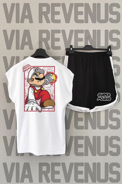 Vordevia Super Mario White T-Shirt and Black Shorts - Oversize Crew Neck, Zero Sleeve Sports Set