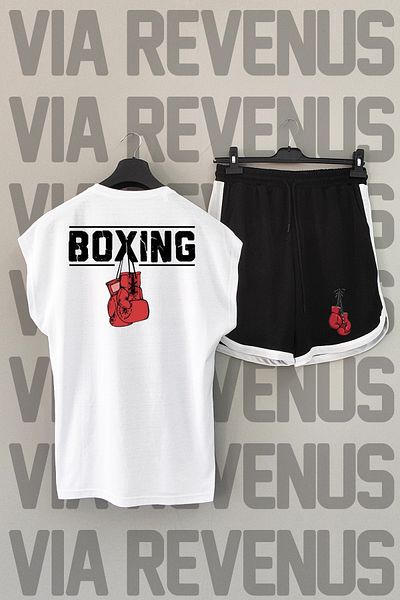 Vordevia Boxing Pattern - Zero Sleeve Oversize White T-shirt and Black Shorts Sports Set