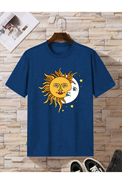 arıkoğlu kumaşçılık Kadın Siyah Güneş Ay Baskılı Oversize Penye T-shirt Tişört